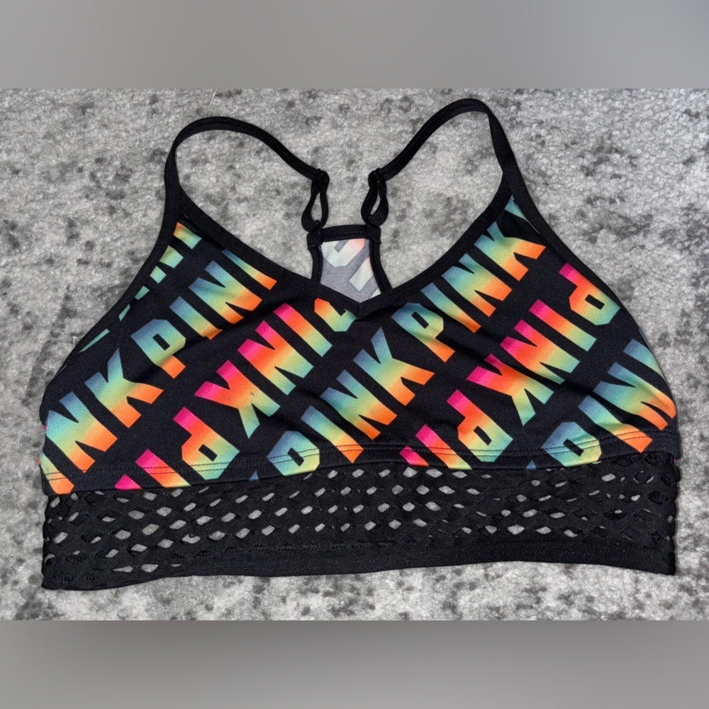 PINK by Victoria’s Secret Sports Bra Rainbow Logo Mesh Detail Black Size: Medium